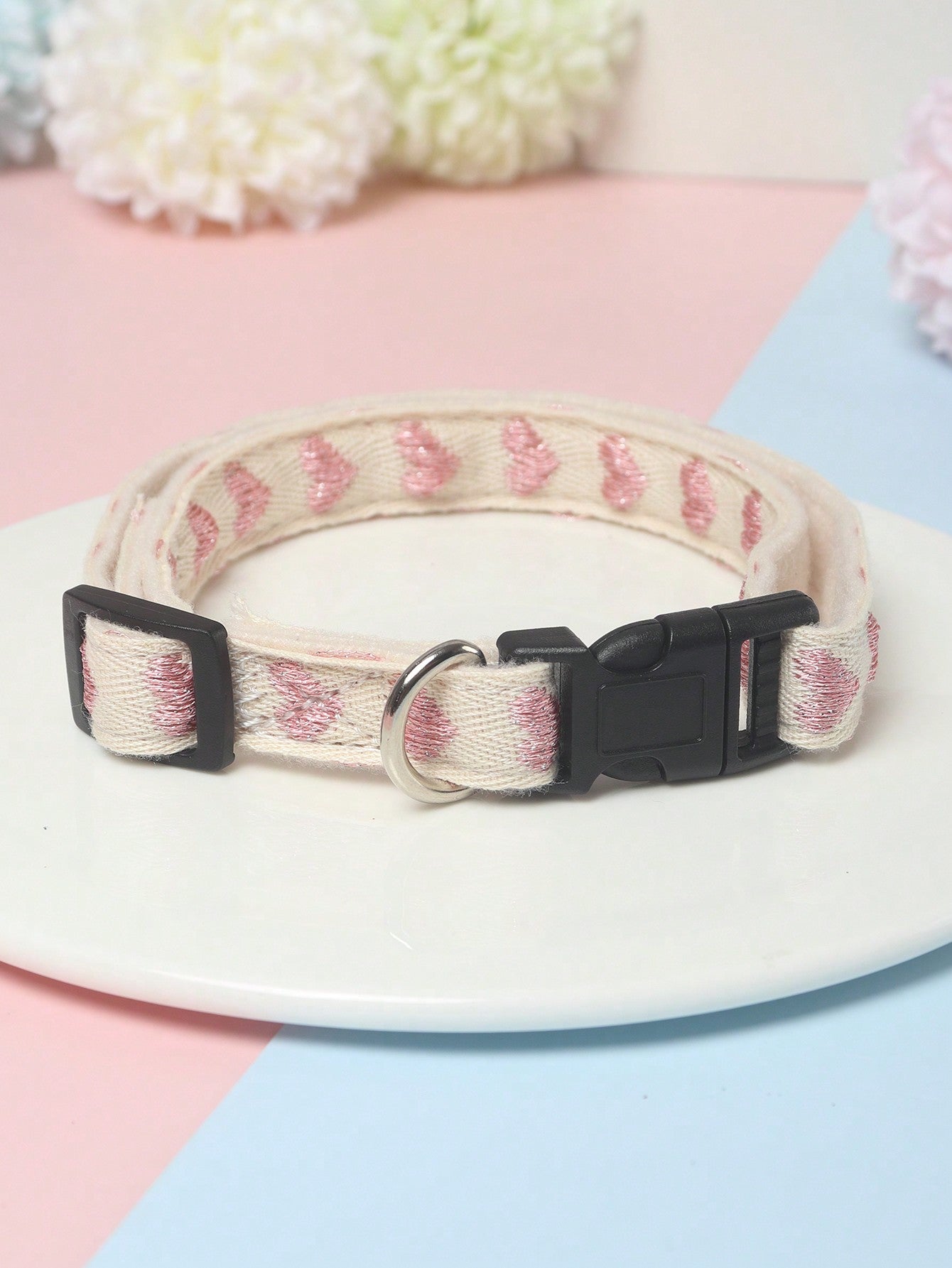 Pink heart patterned jacquard polyester pet collar for small cats and dogs