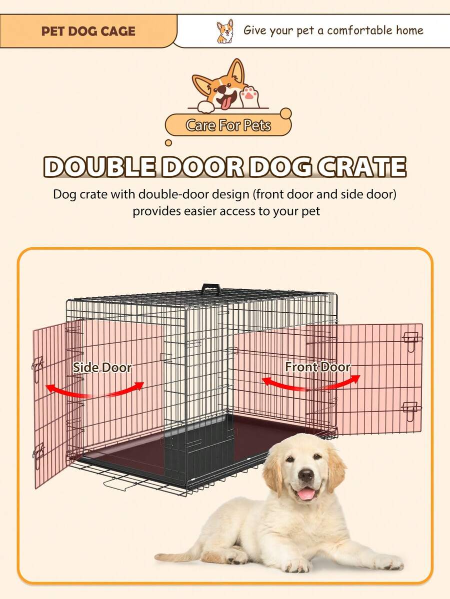 Black metal wire folding dog crate featuring double doors with dual latches, a plastic tray, and a carrying handle.