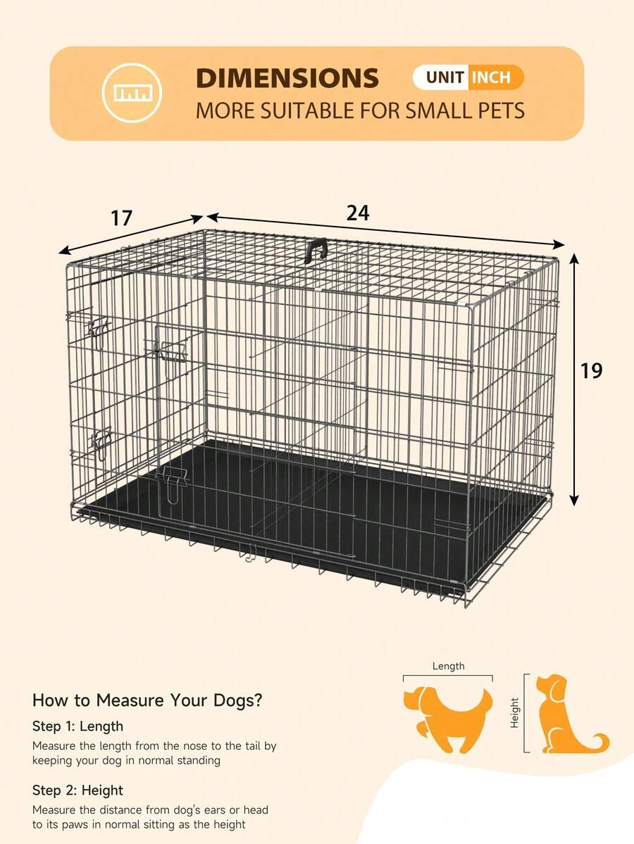 Black metal wire folding dog crate featuring double doors with dual latches, a plastic tray, and a carrying handle.