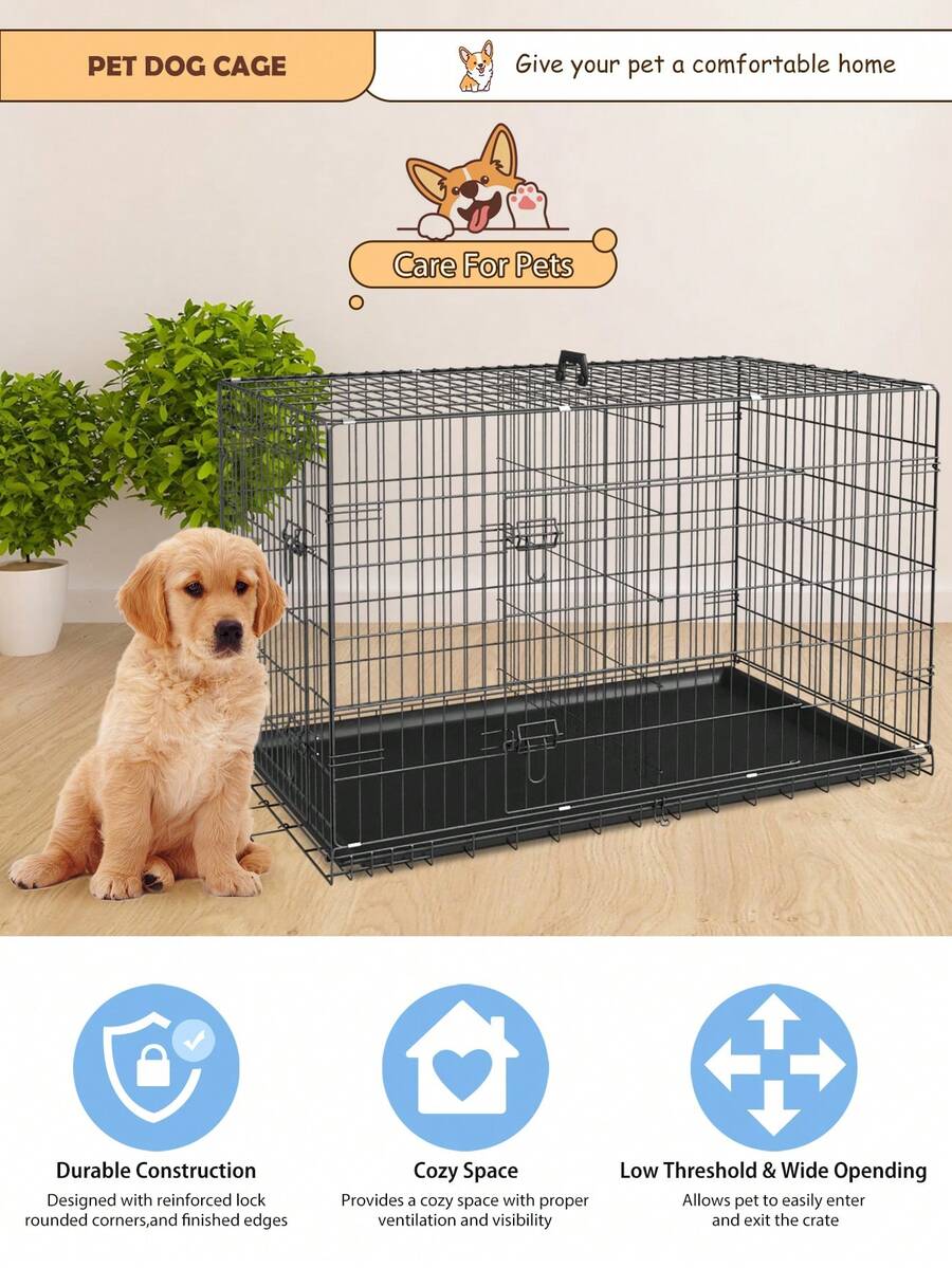 Black metal wire folding dog crate featuring double doors with dual latches, a plastic tray, and a carrying handle.