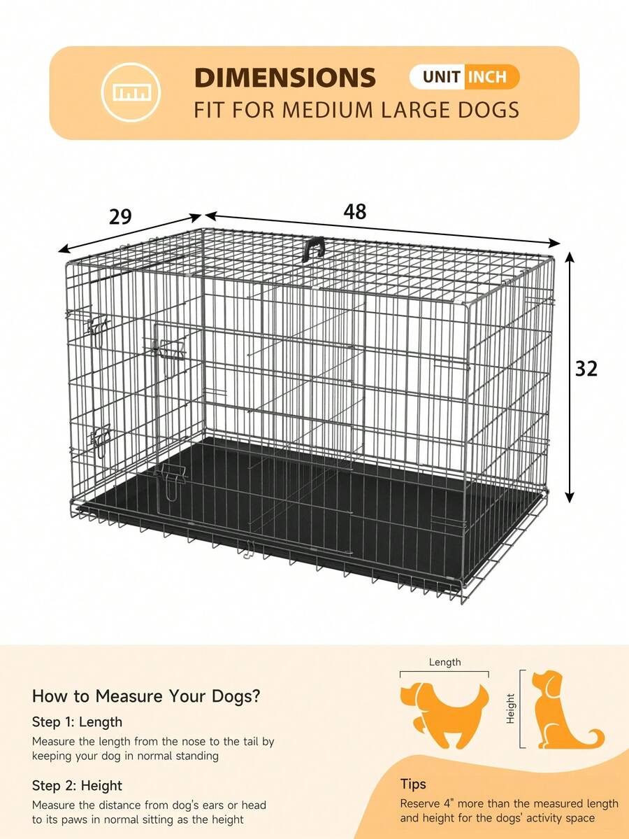 Black metal wire folding dog crate featuring double doors with dual latches, a plastic tray, and a carrying handle.