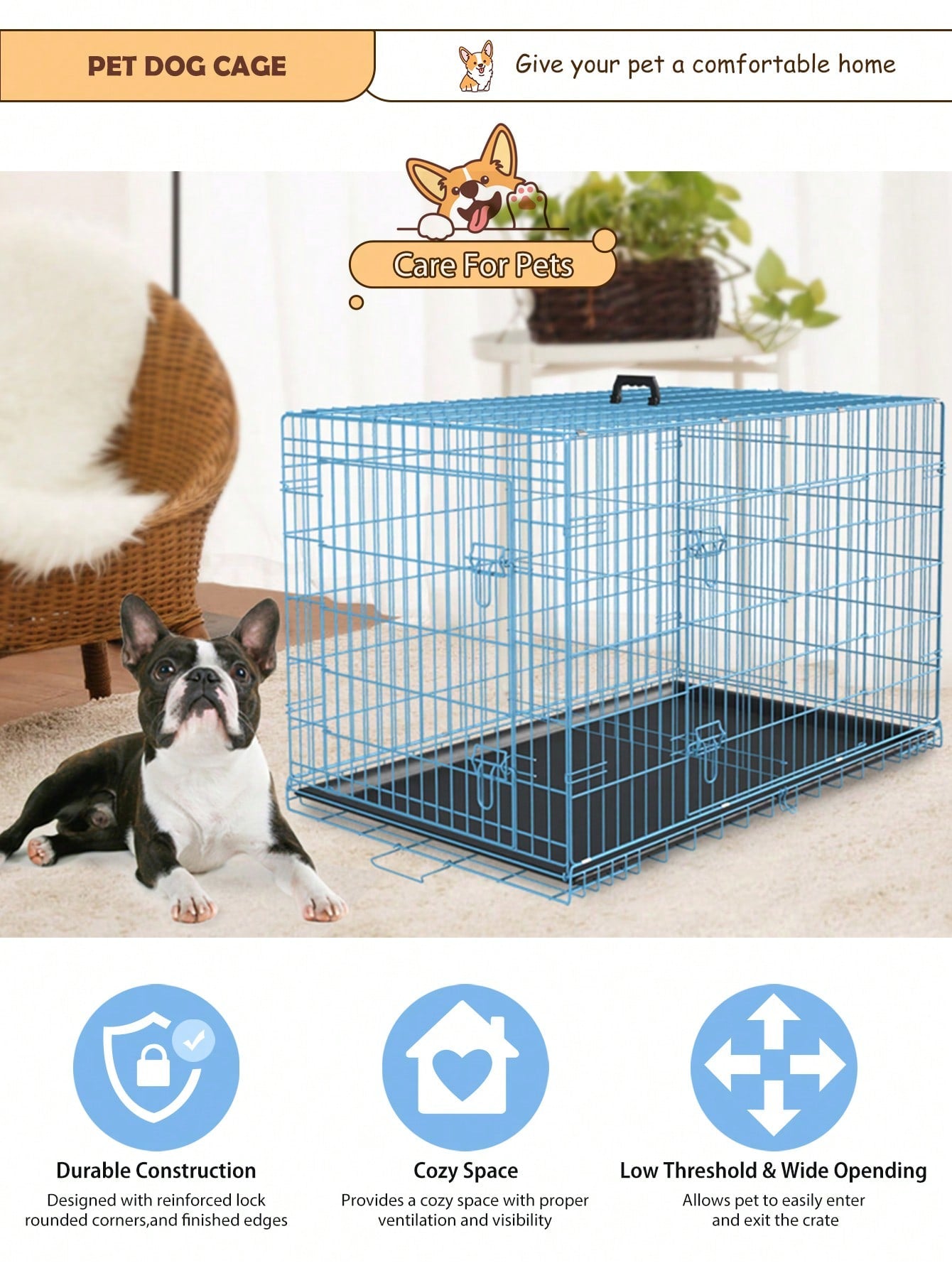 Black metal wire folding dog crate featuring double doors with dual latches, a plastic tray, and a carrying handle.