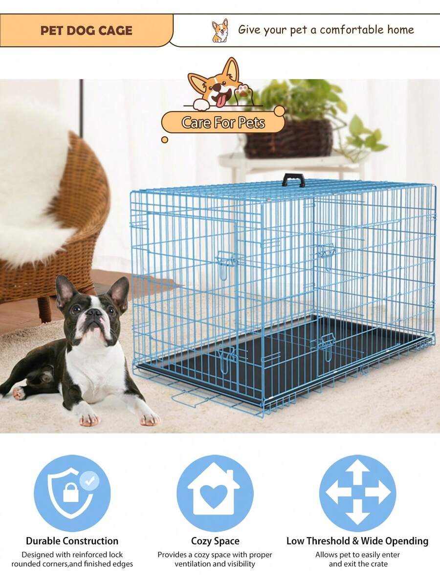 Black metal wire folding dog crate featuring double doors with dual latches, a plastic tray, and a carrying handle.