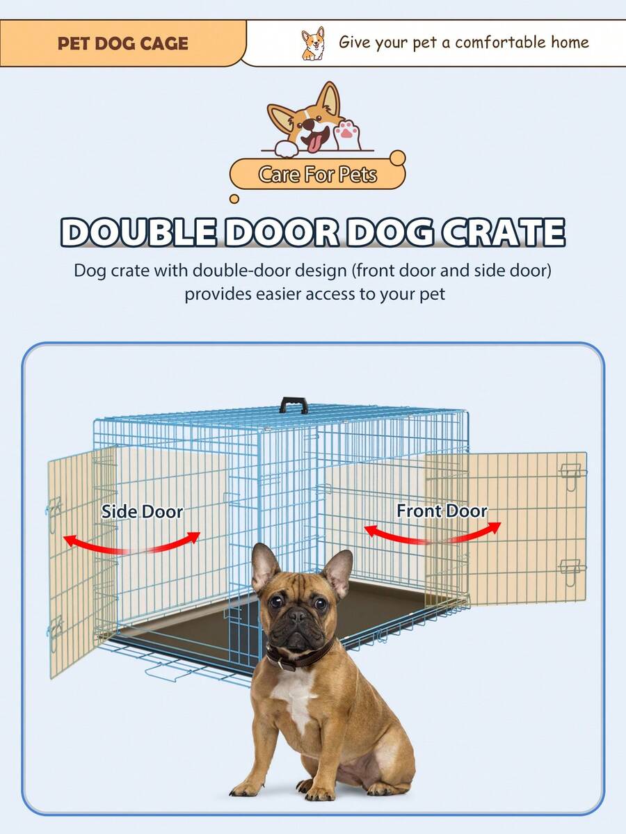 Black metal wire folding dog crate featuring double doors with dual latches, a plastic tray, and a carrying handle.