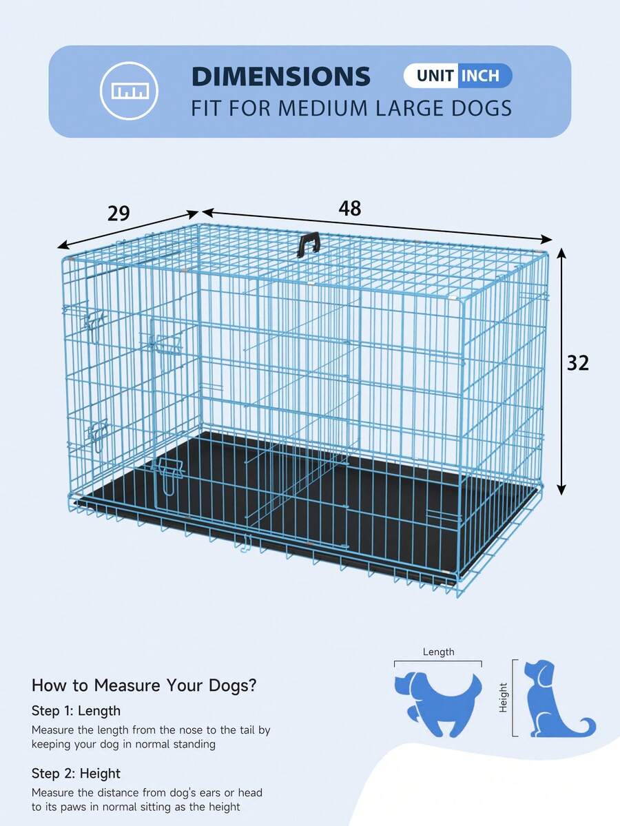 Black metal wire folding dog crate featuring double doors with dual latches, a plastic tray, and a carrying handle.