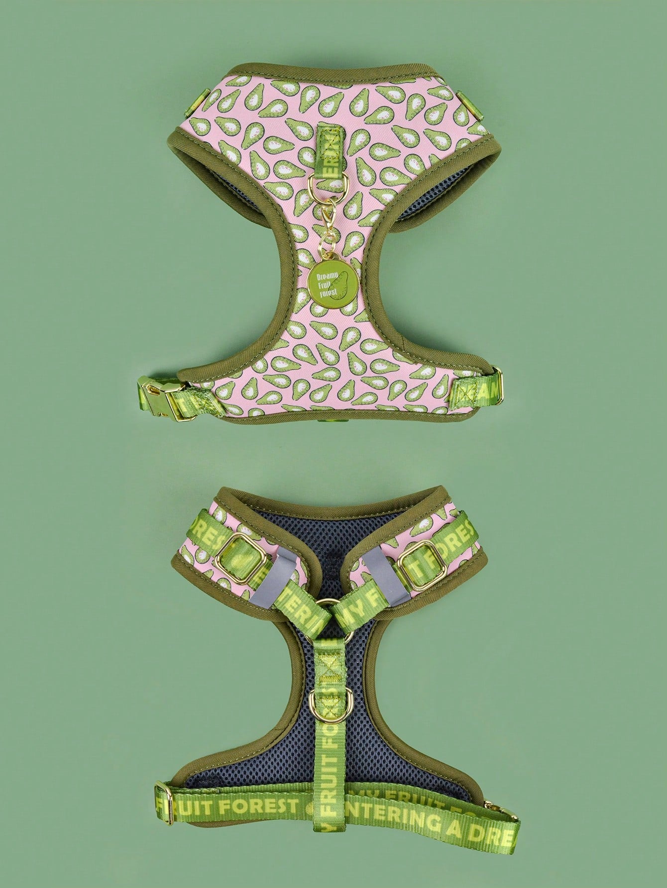 Multicolor printed dog harness with matching zinc alloy ID tag for dogs and puppies, featuring cartoon, geometric, and plant pattern styles.