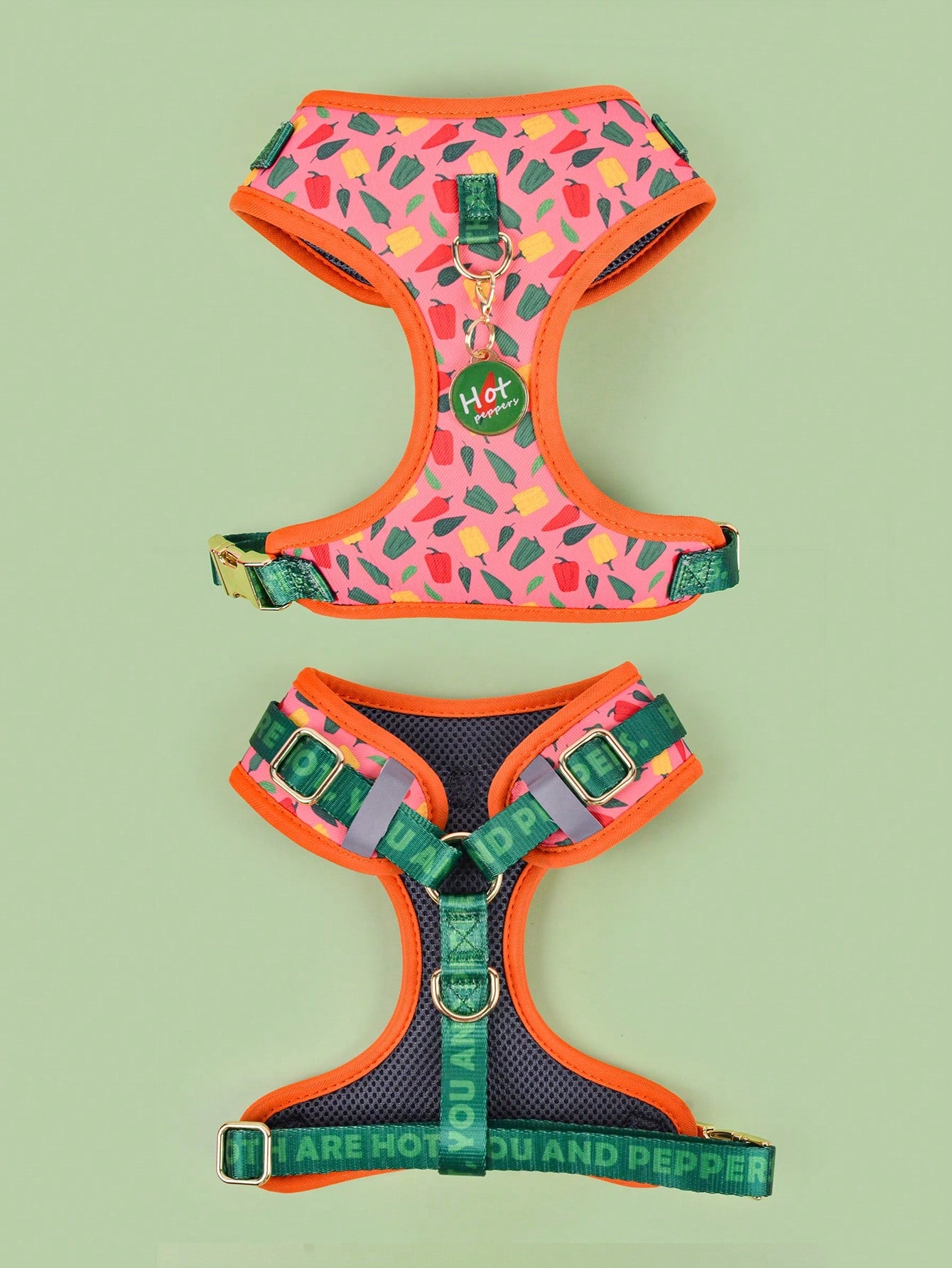 Multicolor printed dog harness with matching zinc alloy ID tag for dogs and puppies, featuring cartoon, geometric, and plant pattern styles.