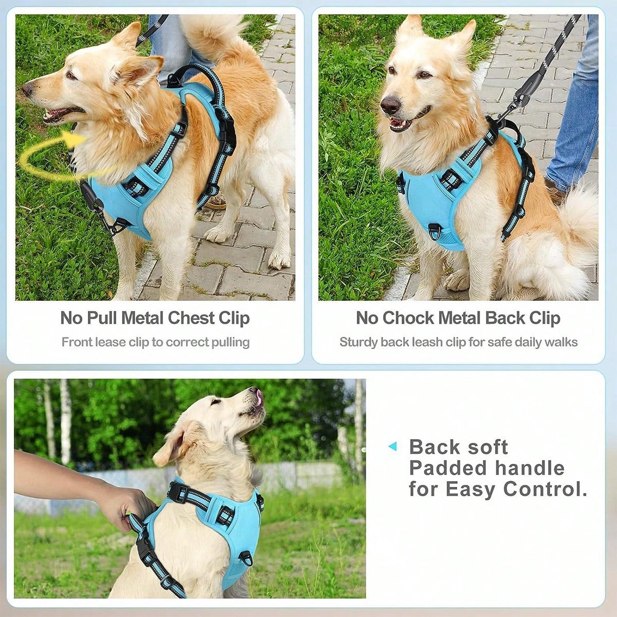 Multicolor reflective dog harness leash collar set with padded adjustable polyester vest and front and back control handles for outdoor walks