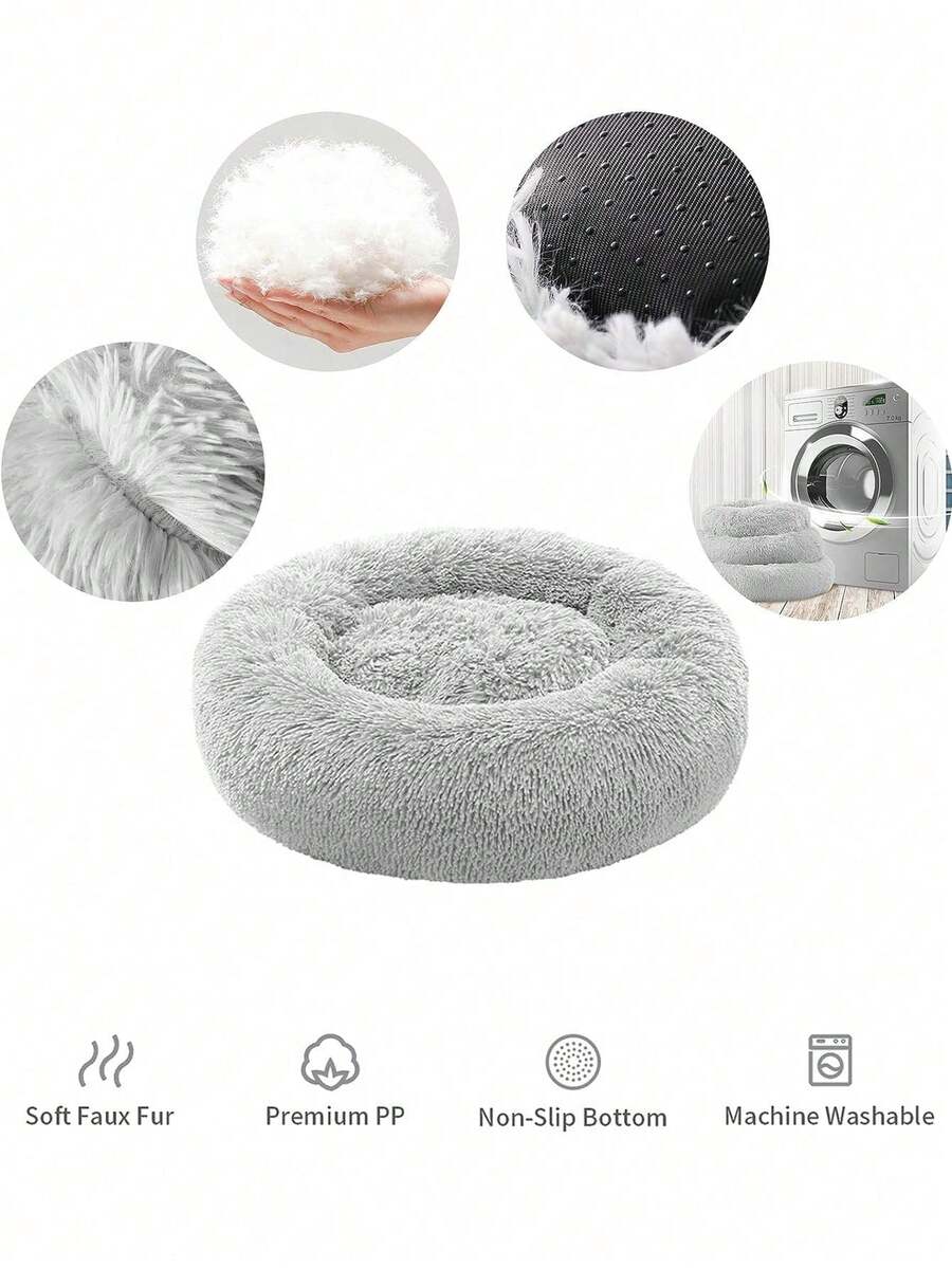 Grey fluffy round pet bed made with 100% polyester fabric and filling for cats and dogs.
