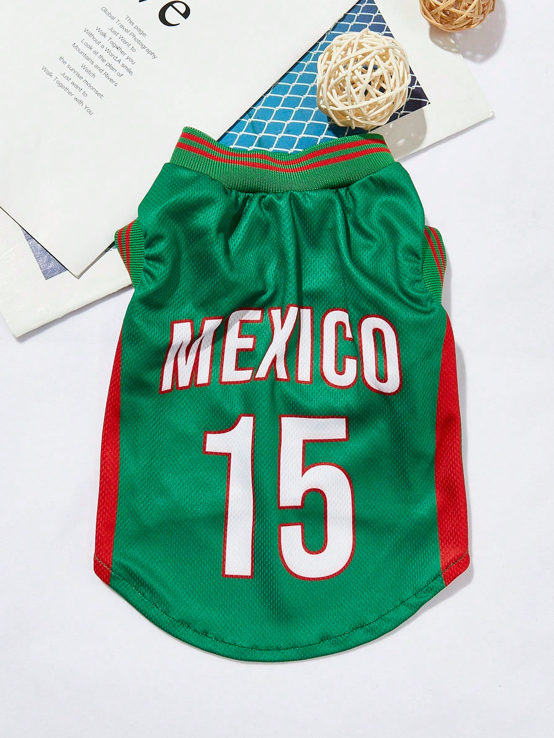 Mexican National Team Style Pet Jersey, Size 15, Striped With English Number Print, Contrast Color Collar And Ribbed Cuffs, Suitable For All Breeds