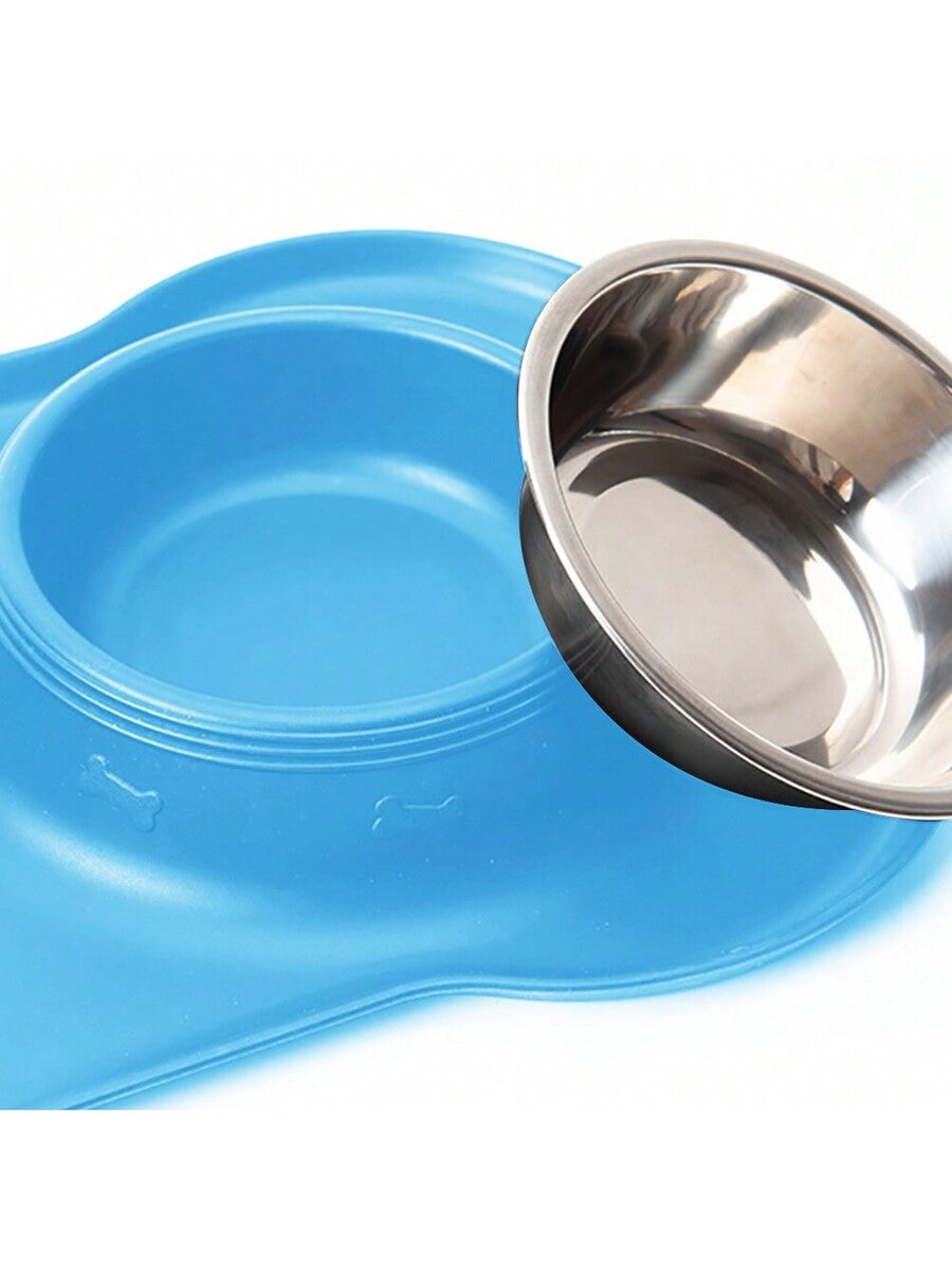 Anti-spill double pet bowl feeder with non-skid mat for dogs and cats