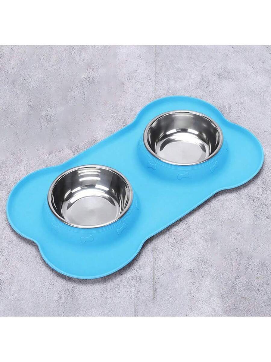 Anti-spill double pet bowl feeder with non-skid mat for dogs and cats