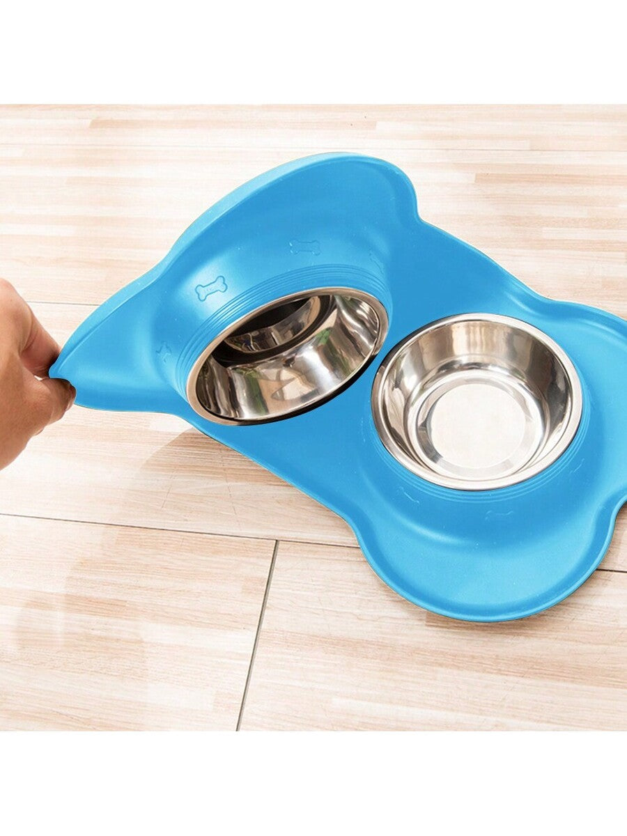 Anti-spill double pet bowl feeder with non-skid mat for dogs and cats