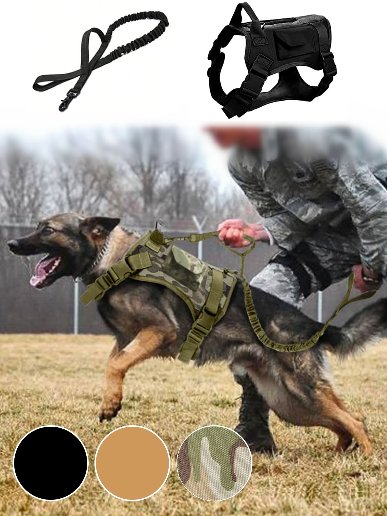 Camouflage tactical dog harness and leash set with pockets, adjustable collar and chest girth for small and medium dogs