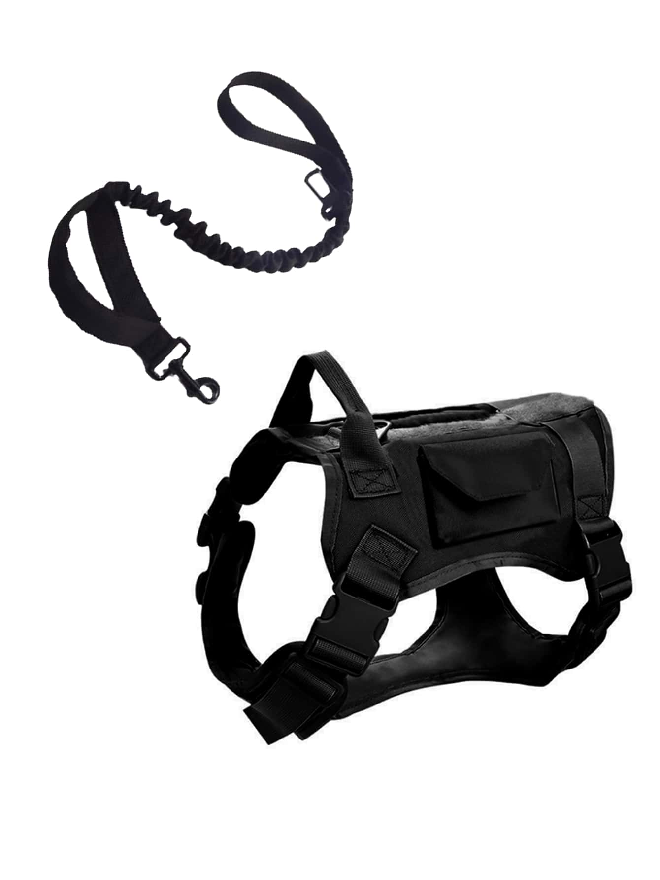 Camouflage tactical dog harness and leash set with pockets, adjustable collar and chest girth for small and medium dogs