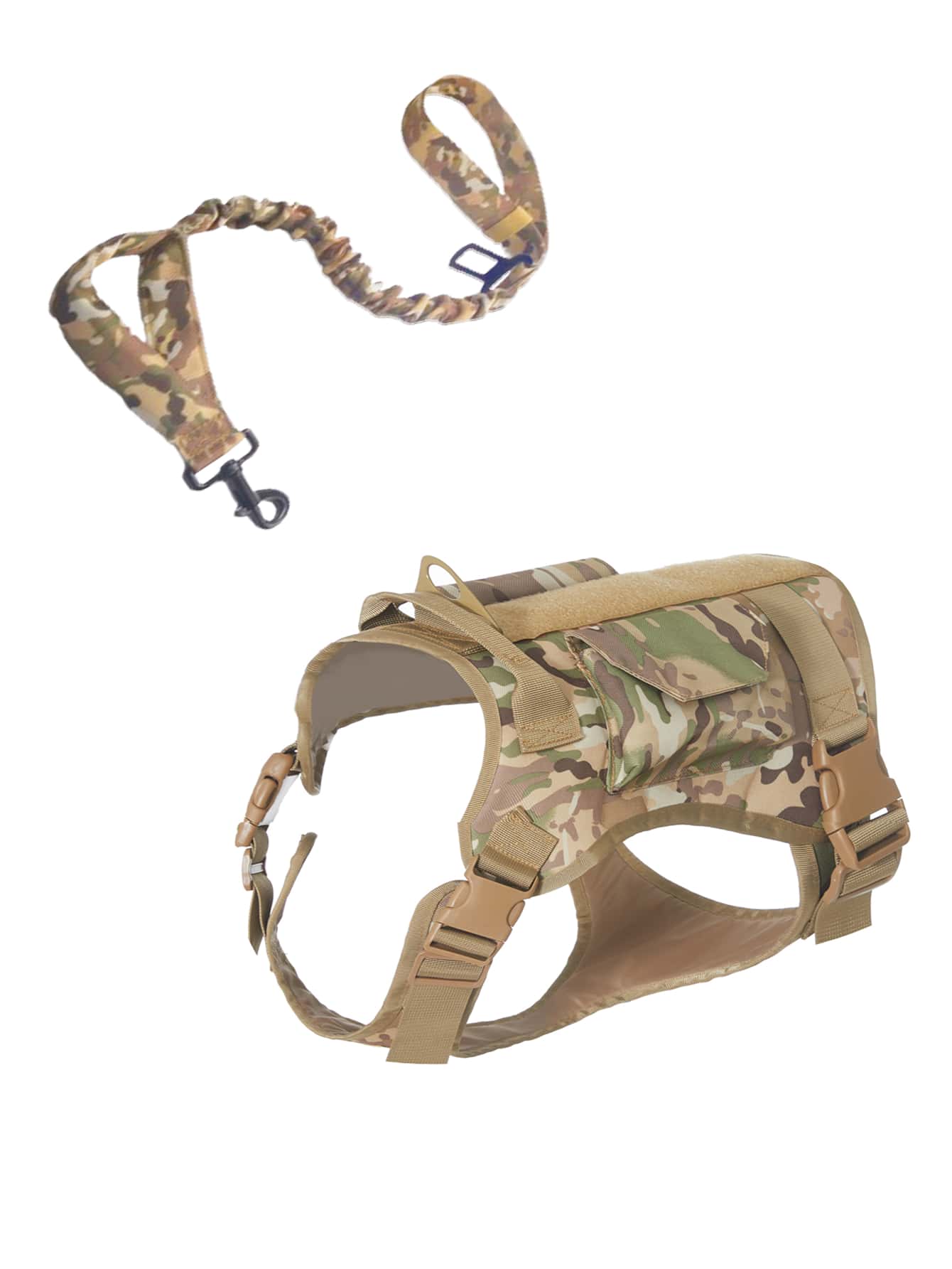 Camouflage tactical dog harness and leash set with pockets, adjustable collar and chest girth for small and medium dogs