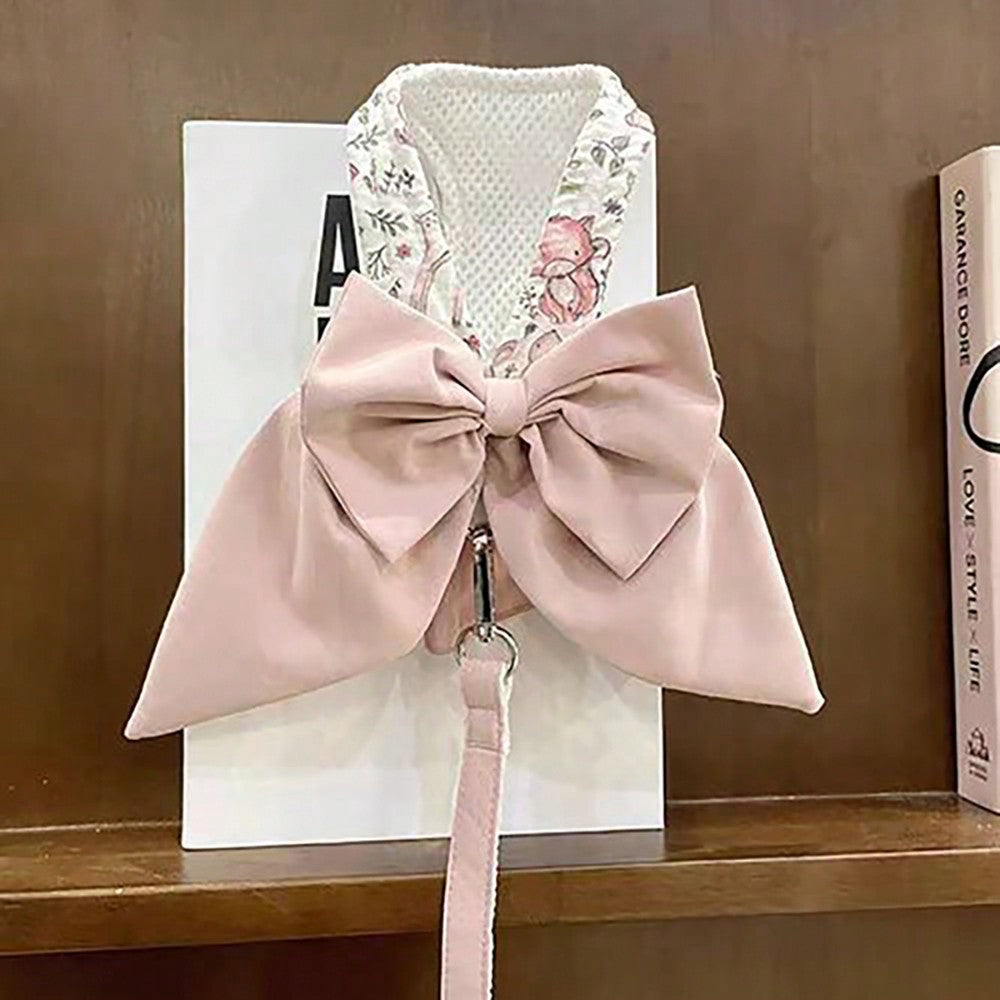 Dusty pink Japanese style 3-in-1 pet harness and leash set with bowknot design and plant pattern for cats and dogs
