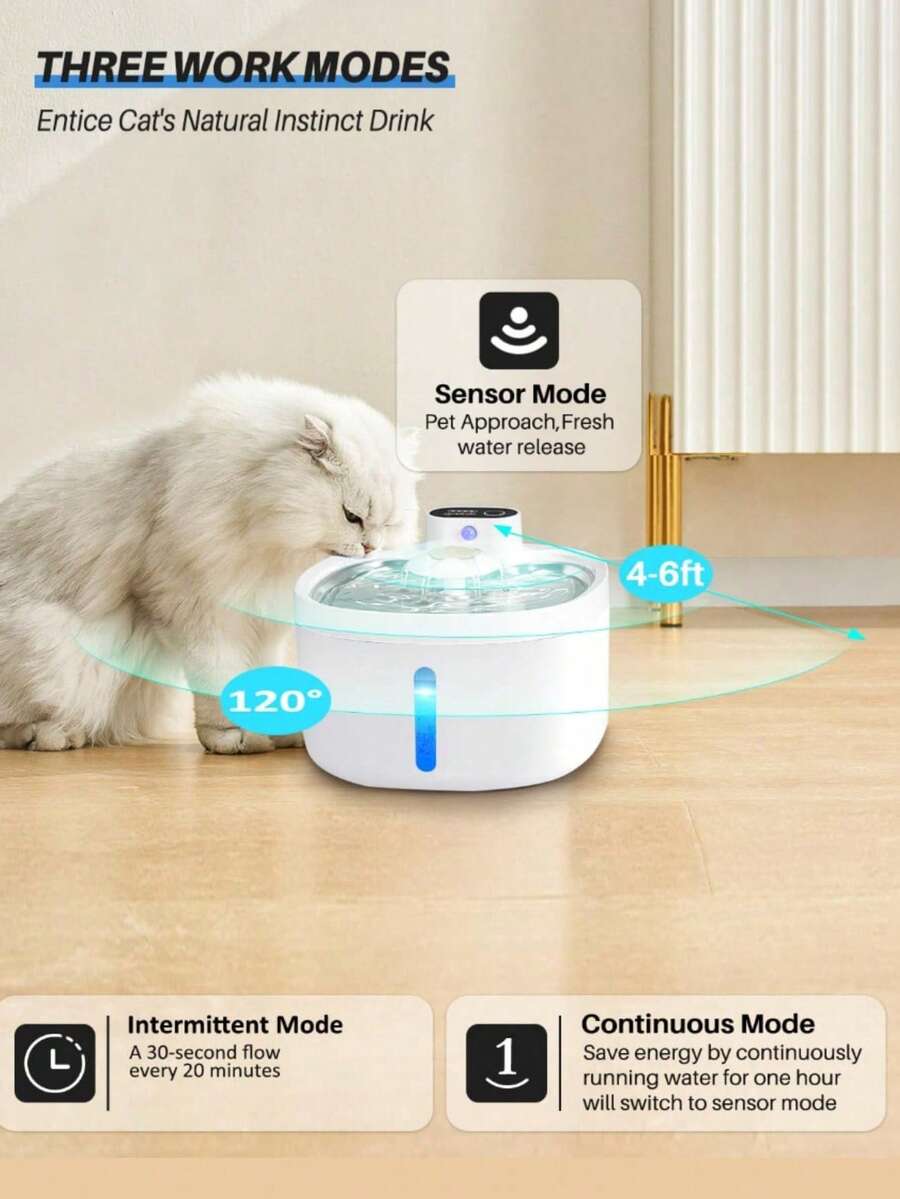 Wireless automatic cat water fountain with motion sensor dispenser, 2.6L capacity, rechargeable battery powered in multicolor ABS material.