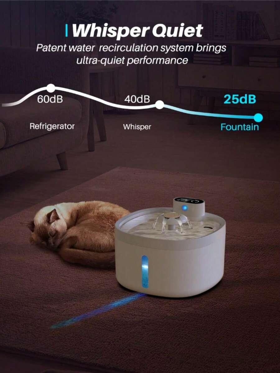 Wireless automatic cat water fountain with motion sensor dispenser, 2.6L capacity, rechargeable battery powered in multicolor ABS material.