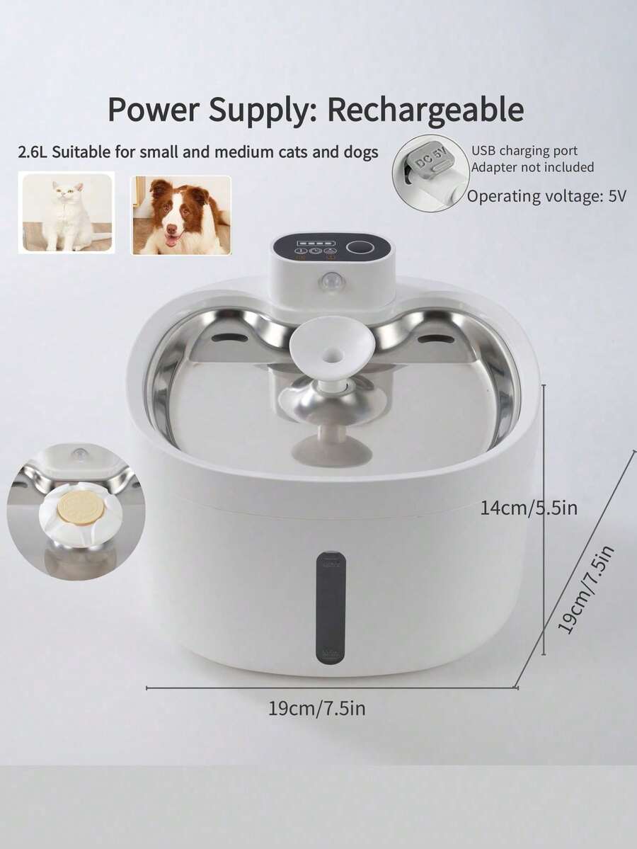 Wireless automatic cat water fountain with motion sensor dispenser, 2.6L capacity, rechargeable battery powered in multicolor ABS material.