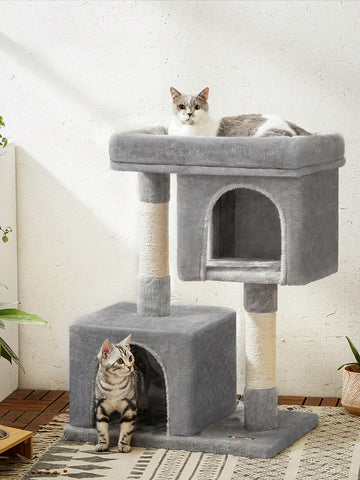 Light gray multi-level cat tree featuring two cat caves, sisal scratching posts, and a top perch for kittens and indoor cats.