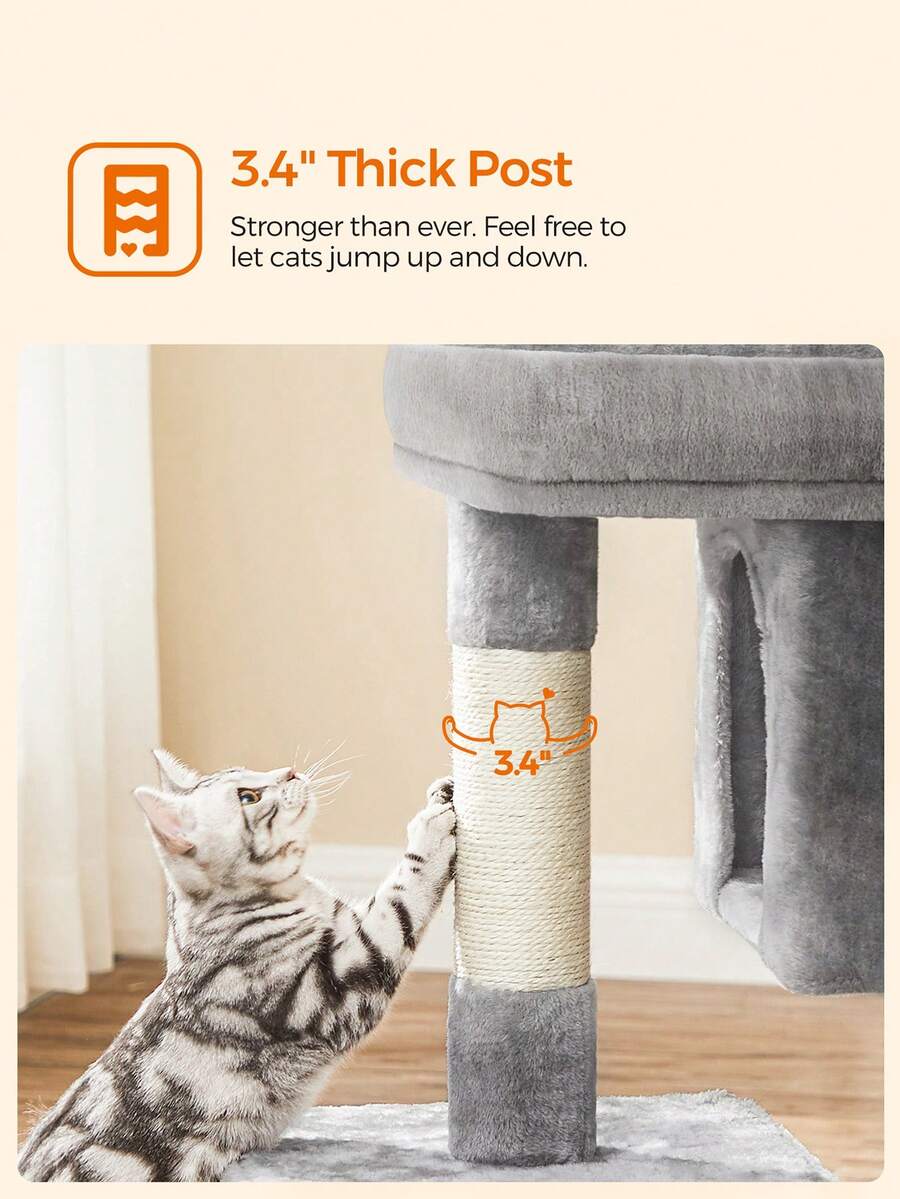 Light gray multi-level cat tree featuring two cat caves, sisal scratching posts, and a top perch for kittens and indoor cats.