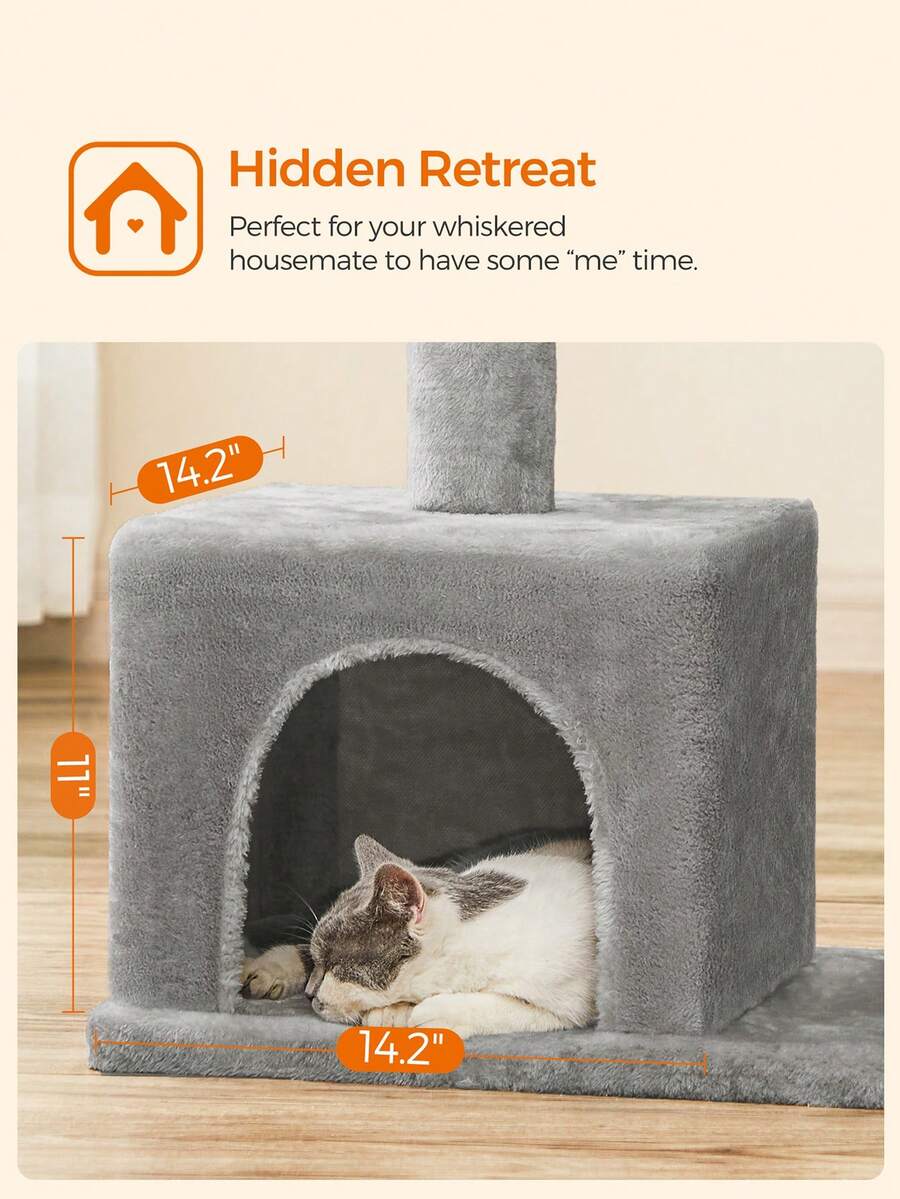 Light gray multi-level cat tree featuring two cat caves, sisal scratching posts, and a top perch for kittens and indoor cats.