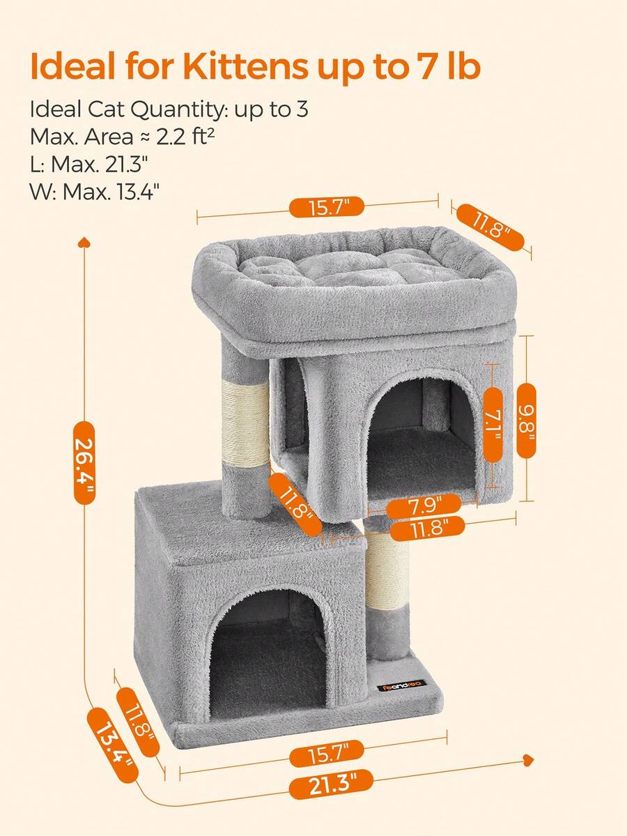 Light gray multi-level cat tree featuring two cat caves, sisal scratching posts, and a top perch for kittens and indoor cats.