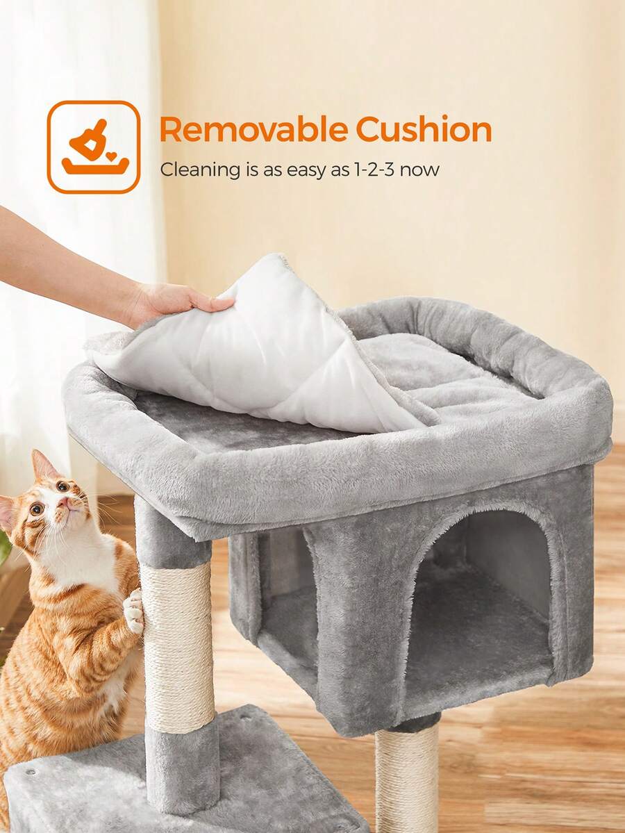 Light gray multi-level cat tree featuring two cat caves, sisal scratching posts, and a top perch for kittens and indoor cats.