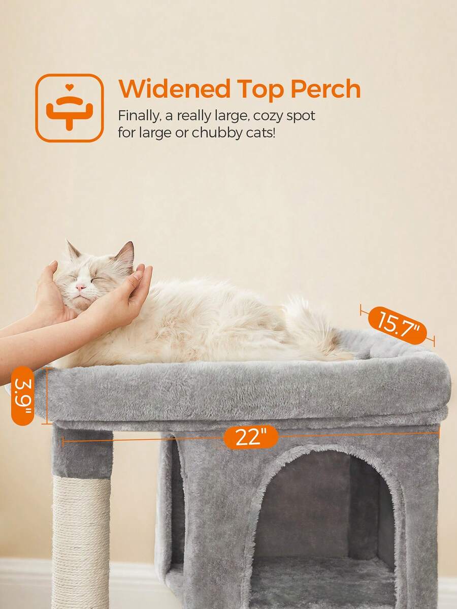 Light gray multi-level cat tree featuring two cat caves, sisal scratching posts, and a top perch for kittens and indoor cats.