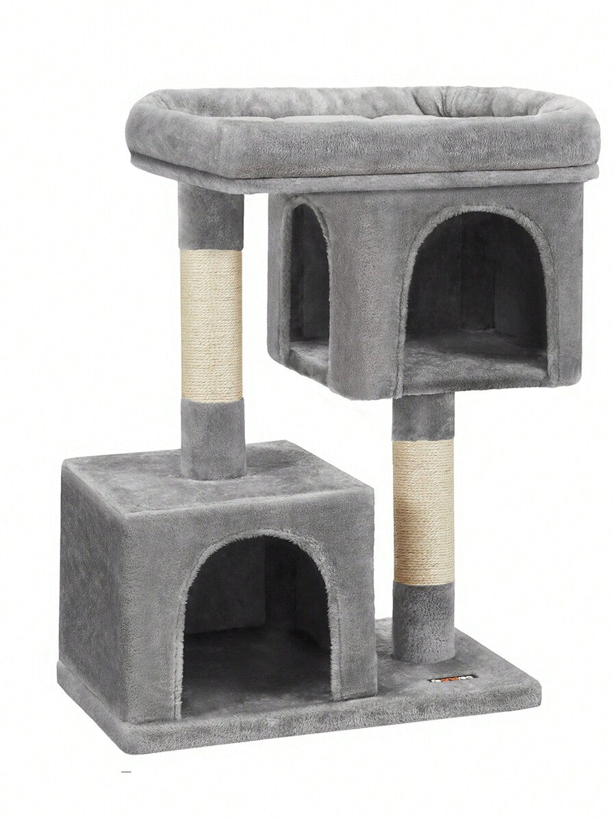 Light gray multi-level cat tree featuring two cat caves, sisal scratching posts, and a top perch for kittens and indoor cats.
