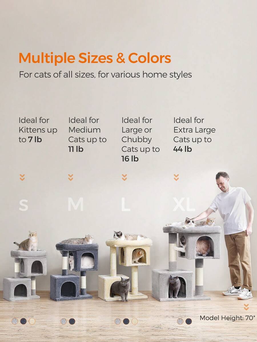Light gray multi-level cat tree featuring two cat caves, sisal scratching posts, and a top perch for kittens and indoor cats.