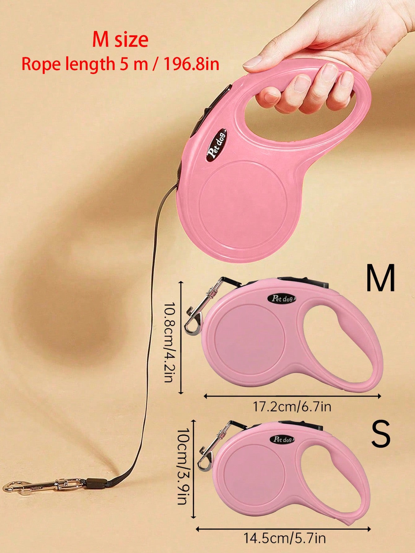 Automatic retractable pet leash in a plain multicolor design for outdoor walking with dogs or cats, made with stainless steel material.