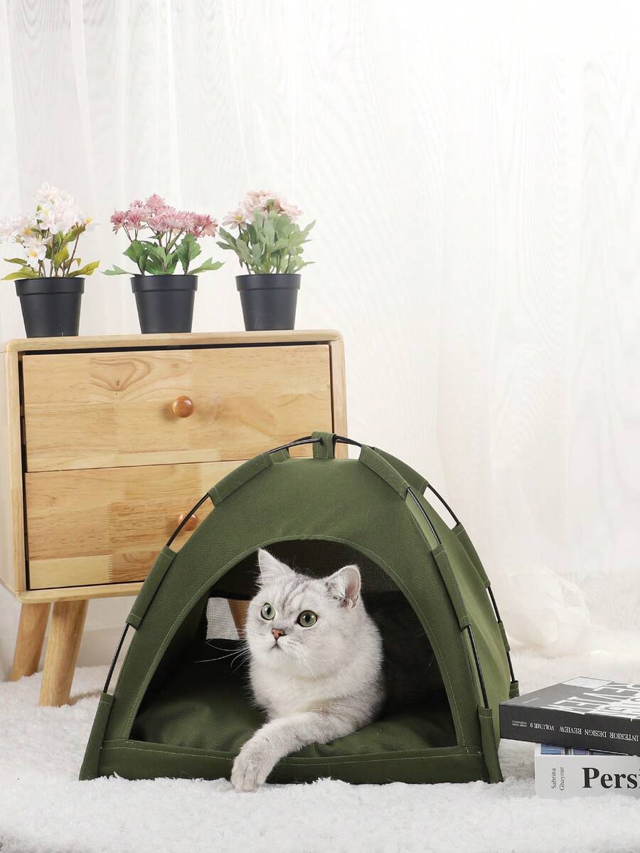 Army green colorblock breathable and washable pet tent for small cats and dogs made of polyester.