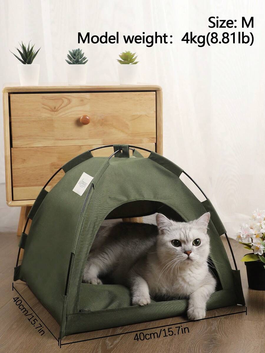 Army green colorblock breathable and washable pet tent for small cats and dogs made of polyester.