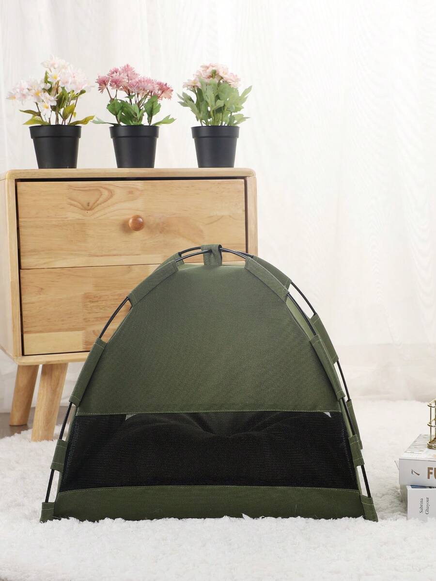 Army green colorblock breathable and washable pet tent for small cats and dogs made of polyester.