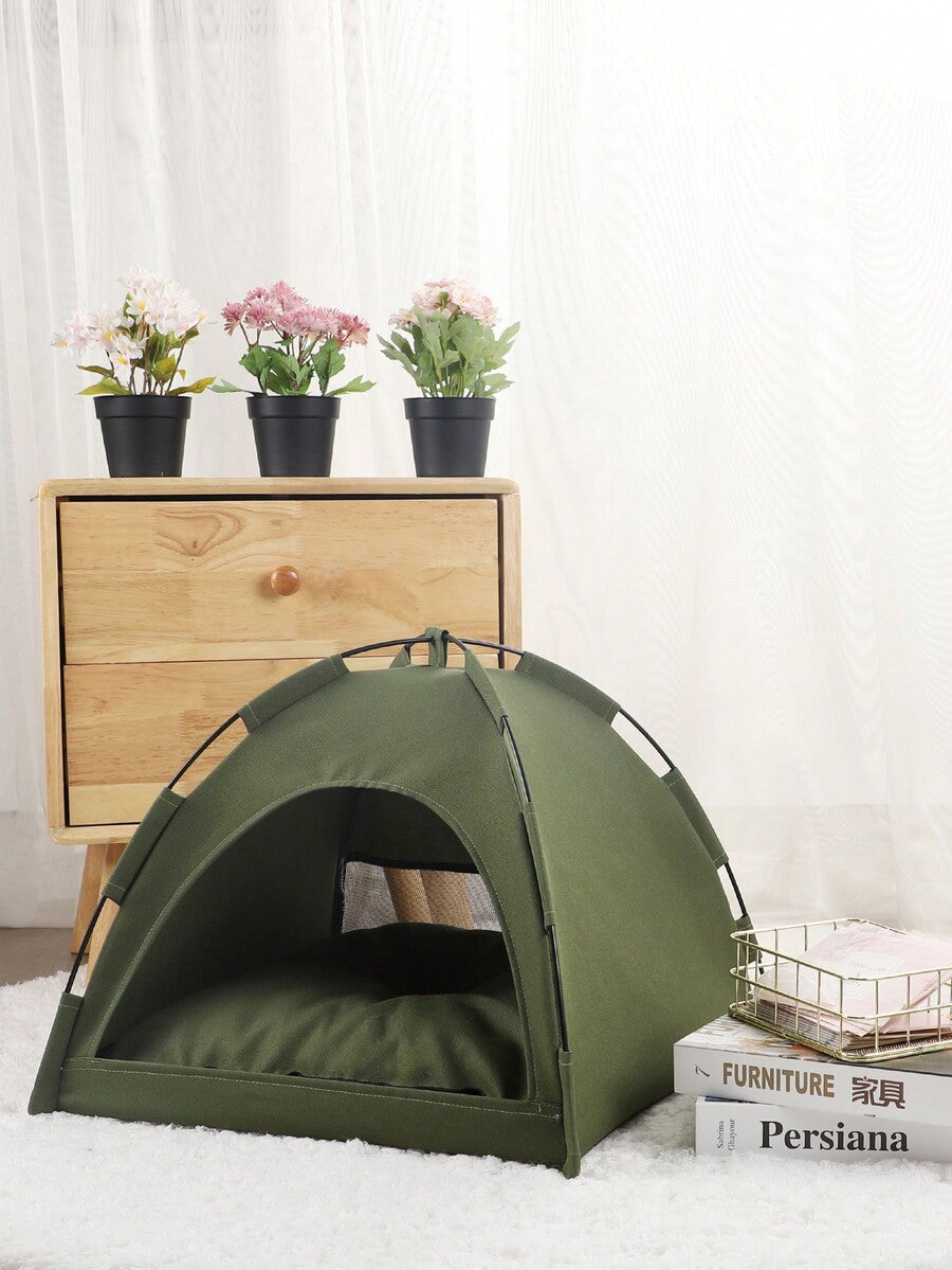 Army green colorblock breathable and washable pet tent for small cats and dogs made of polyester.