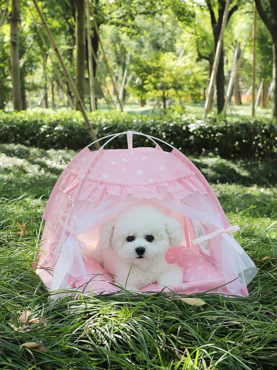 Pink floral pattern pet tent for small cats and dogs made from breathable polyester fabric