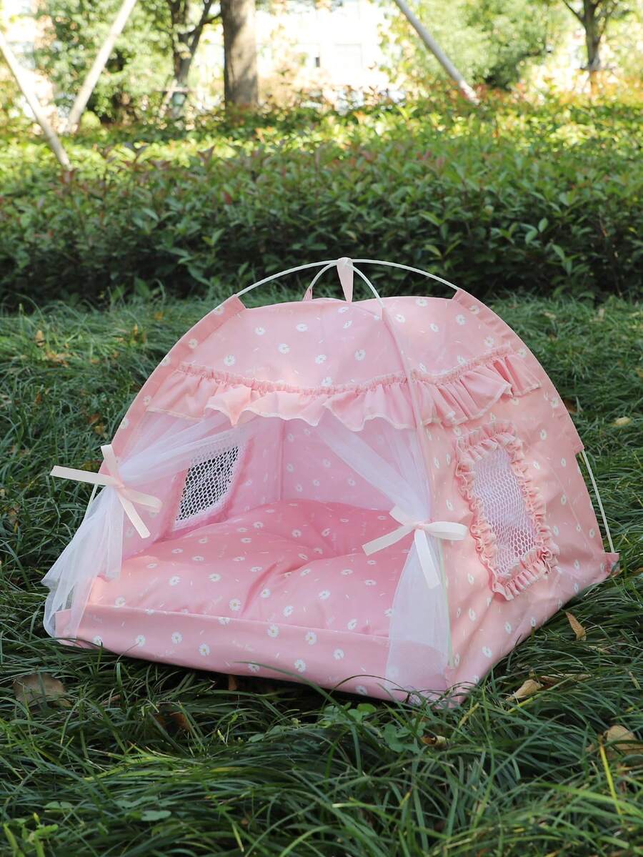 Pink floral pattern pet tent for small cats and dogs made from breathable polyester fabric