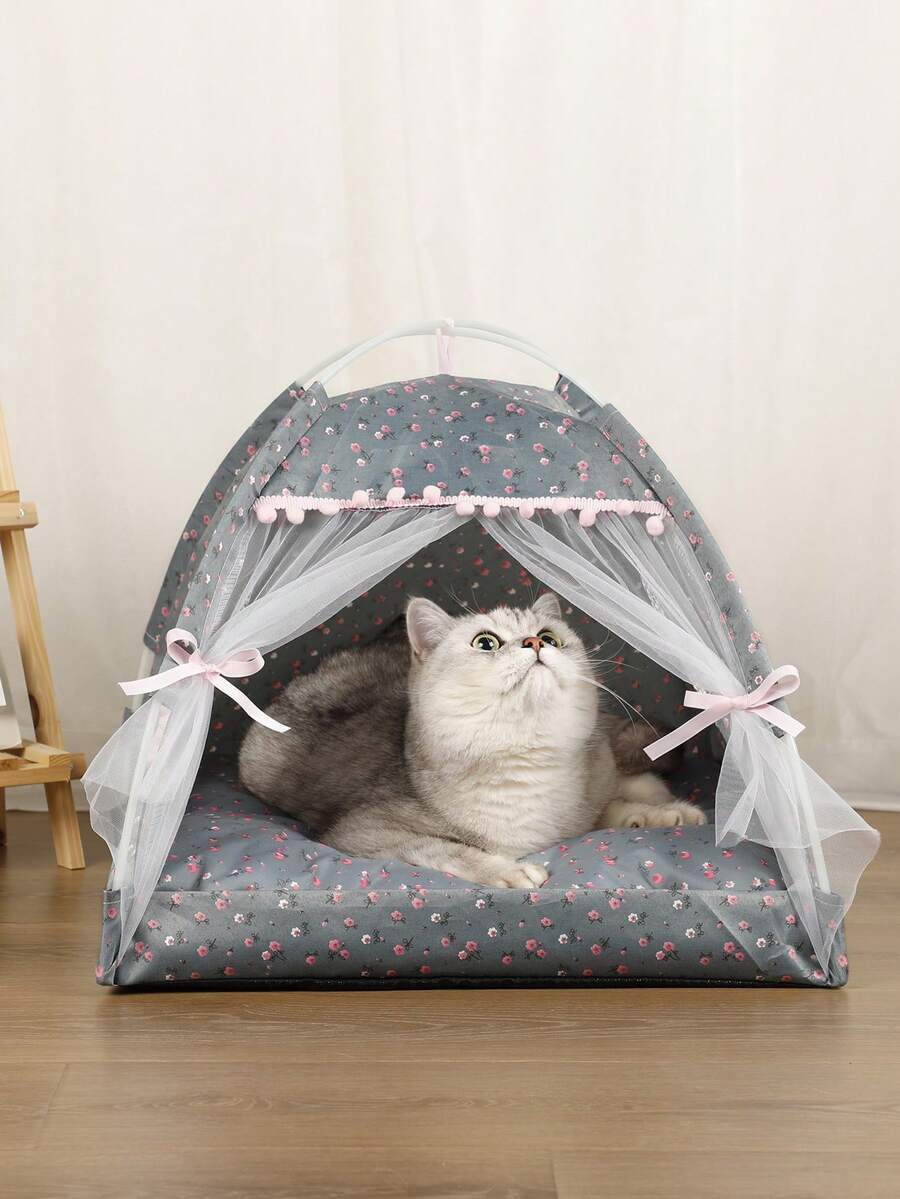 Pink floral pattern pet tent for small cats and dogs made from breathable polyester fabric