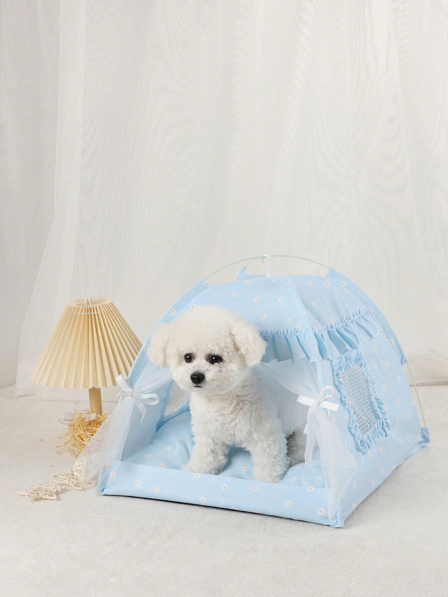 Pink floral pattern pet tent for small cats and dogs made from breathable polyester fabric