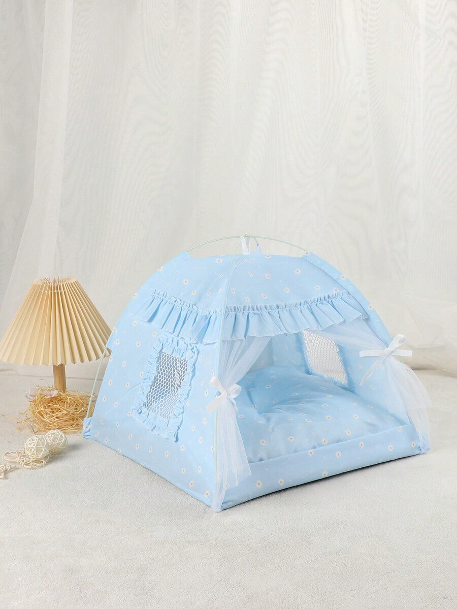 Pink floral pattern pet tent for small cats and dogs made from breathable polyester fabric