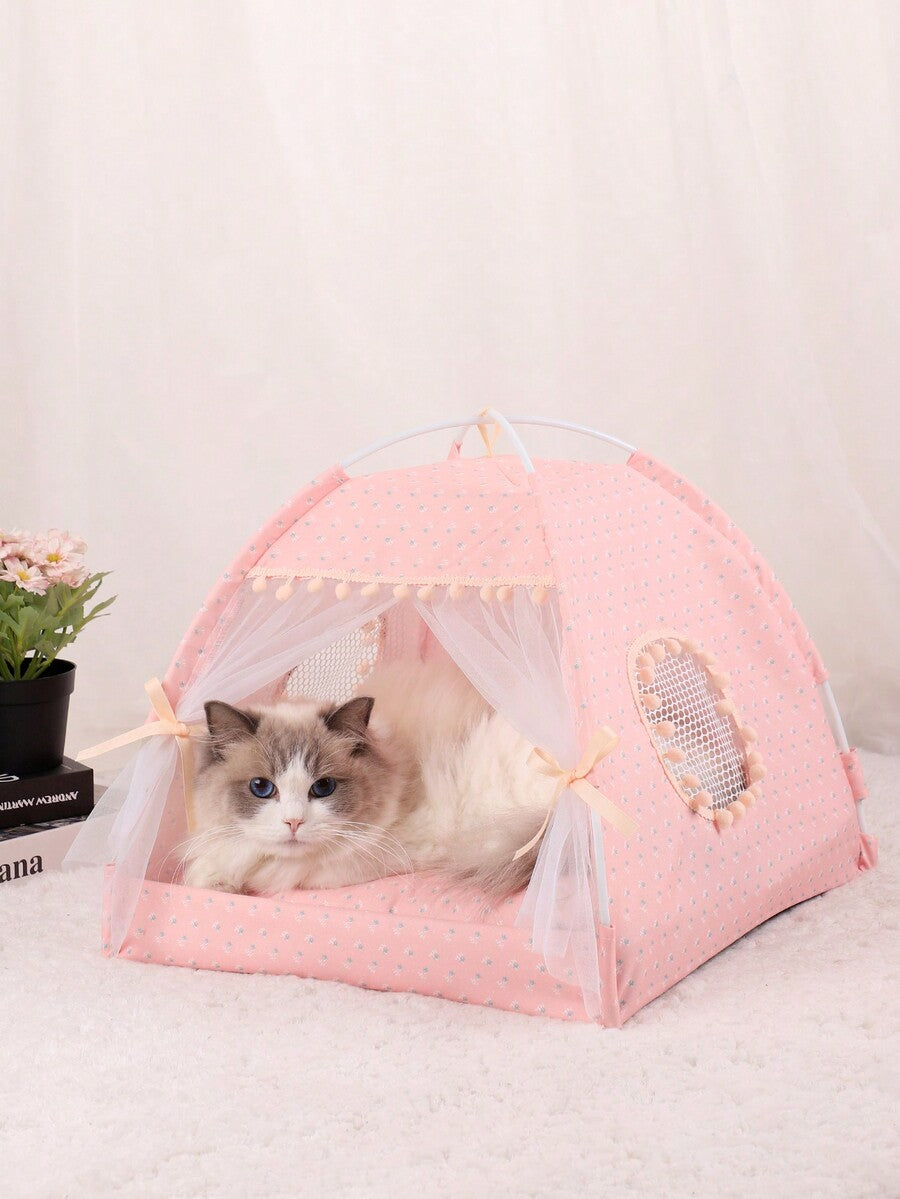 Pink floral pattern pet tent for small cats and dogs made from breathable polyester fabric