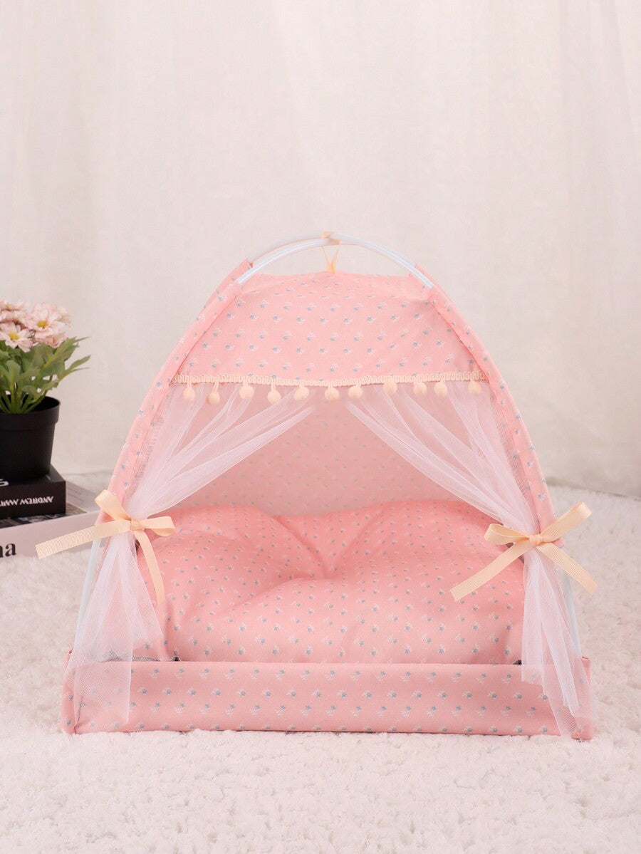 Pink floral pattern pet tent for small cats and dogs made from breathable polyester fabric