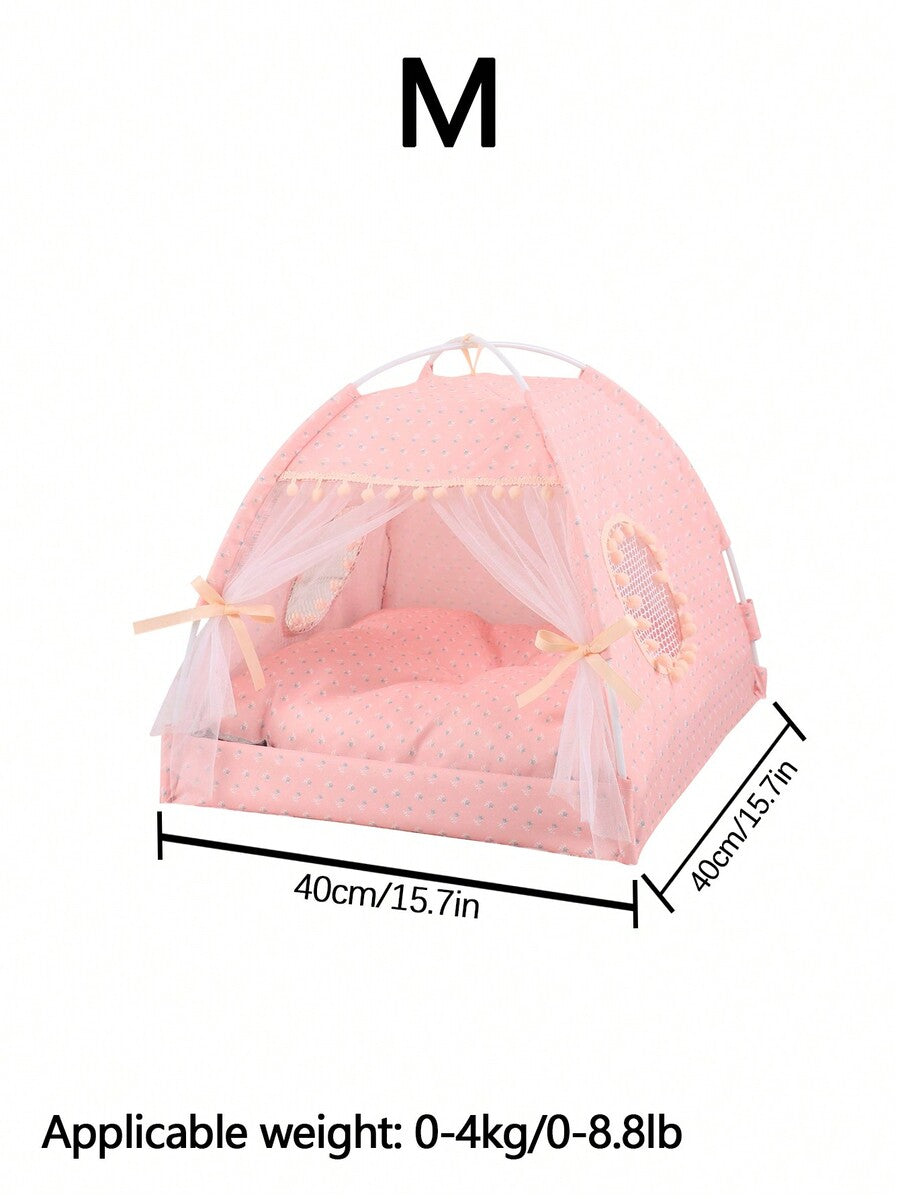 Pink floral pattern pet tent for small cats and dogs made from breathable polyester fabric