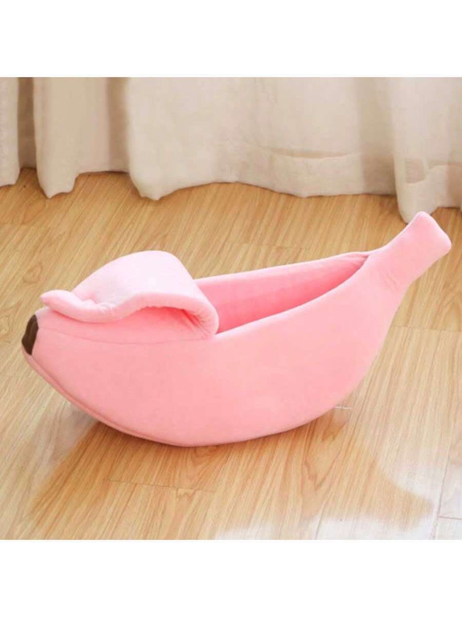 Yellow banana shaped warm pet bed with a covered lid for indoor cats and small dogs
