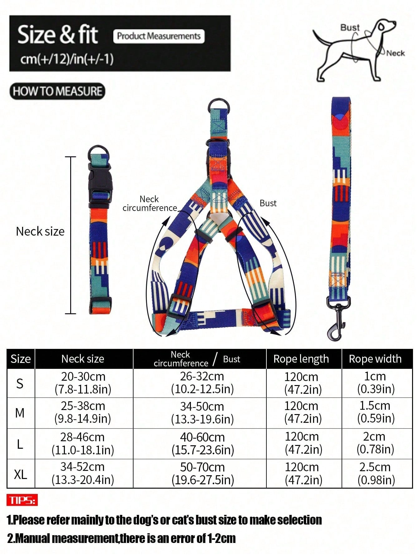 Supet multicolor geometric colorblock pet leash harness set with anti-escape collar for cats and dogs