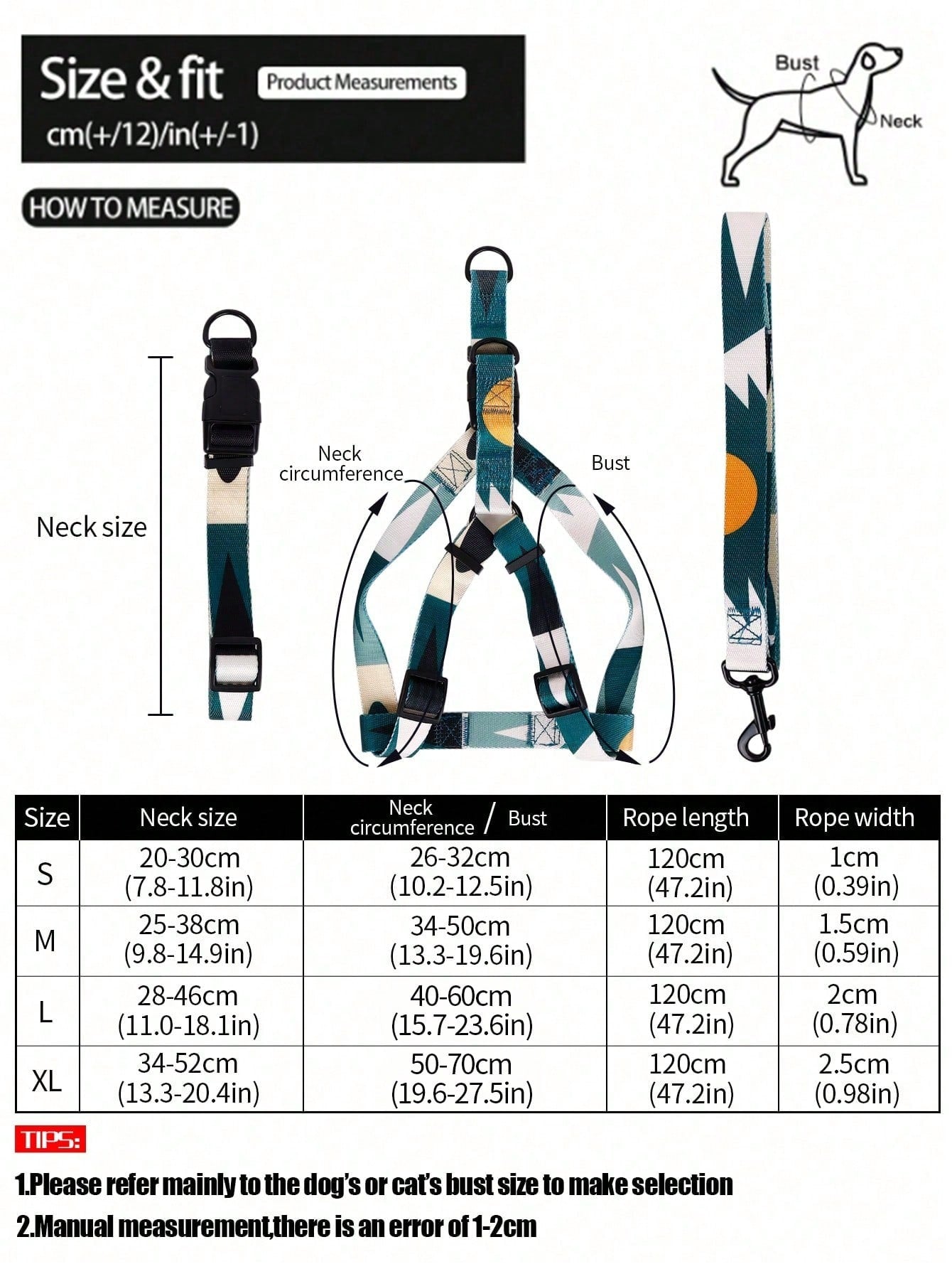 Supet multicolor geometric colorblock pet leash harness set with anti-escape collar for cats and dogs