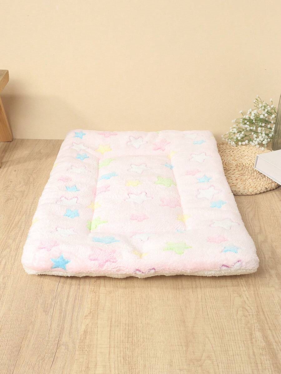 Thickened grey pet bed mat with pink star pattern designed for small and medium cats and dogs