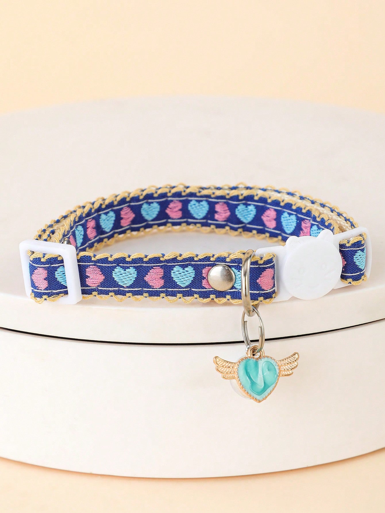 Multicolor adjustable pet collar with embroidered apple or cherry fruit pattern, buckle closure, and bell for cats and small dogs